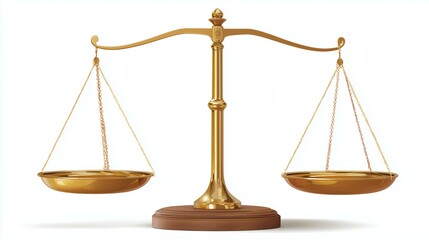 Golden Scales of Justice: A photorealistic depiction of a gleaming golden scale, embodying concepts of fairness, equilibrium, and legal principles, isolated against a clean backdrop.