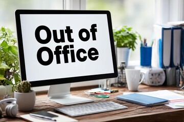 "Out of Office" sticker on a computer screen. Remote working, vacation, or unavailability. A clean workspace with office supplies is visible, generated image