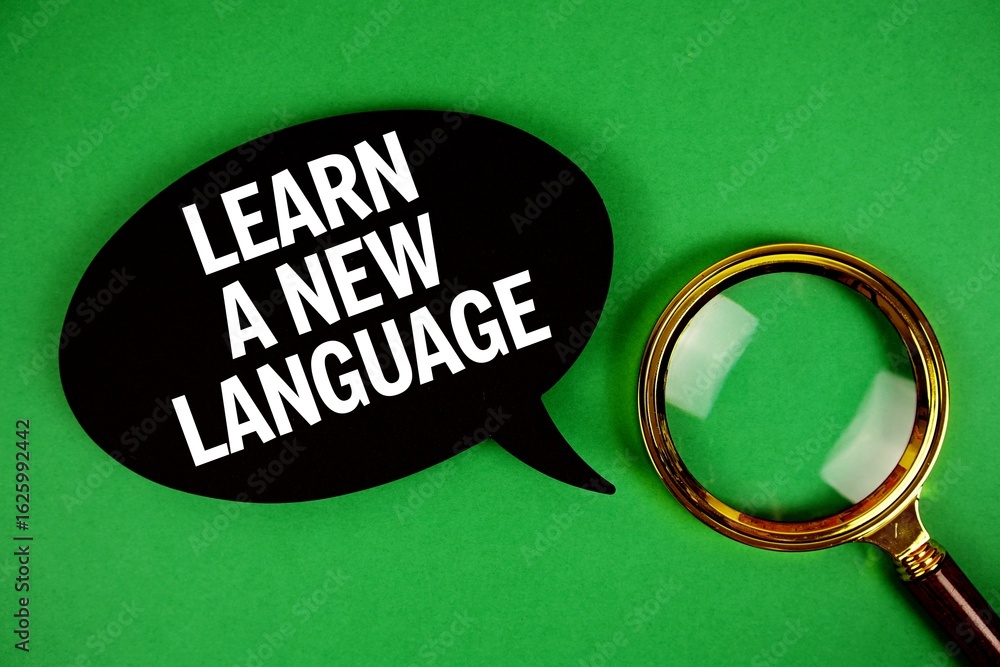 Poster learn a new language text with speech bubble and magnifying glass on green background