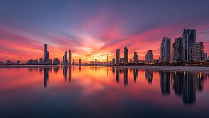 Obraz premium Sunrise over a city reflected in water. Vibrant colors of dawn paint the skyline