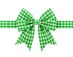 Green Gingham Gift Bow with Ribbon Tails, Top-Down Centered View, Isolated on White Background