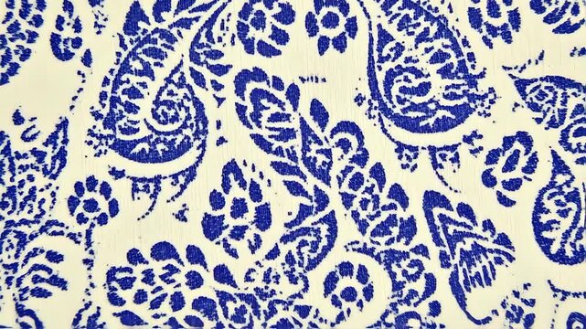 Close-Up Pan Across a Vintage Blue and White Distressed Floral Paisley Pattern