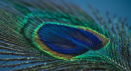 Obraz premium A beautiful, iridescent macro peacock feather close-up reveals its intricate blue and green pattern
