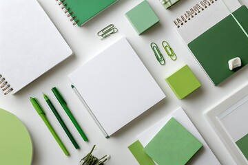 Modern minimalist workspace essentials arranged neatly with vibrant green stationery and clean white notebooks for planning and organization