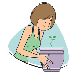 Cute girl taking care of potted plant.