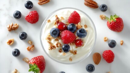 Creamy yogurt in a glass bowl is delightfully topped with fresh blueberries, raspberries, strawberries, and crunchy granola, making a healthy and delicious treat.