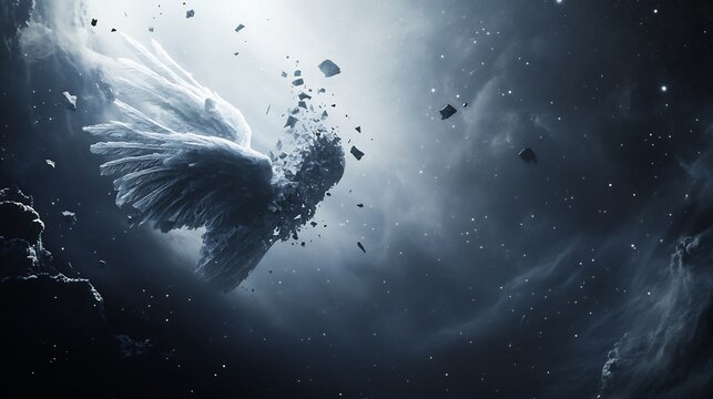 Celestial scene of a broken angel with fractured wings floating in space surrounded by stars and cosmic dust pieces of its body drifting away in silence and tranquility