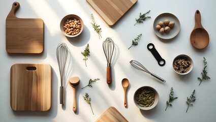 Overhead view of various wooden kitchen utensils and ingredients arranged on a light surface