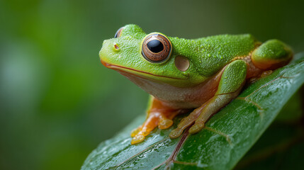 Emerald Frog's Perch: A vibrant green tree frog with striking eyes rests on a lush leaf, a testament to the wonders of the wild