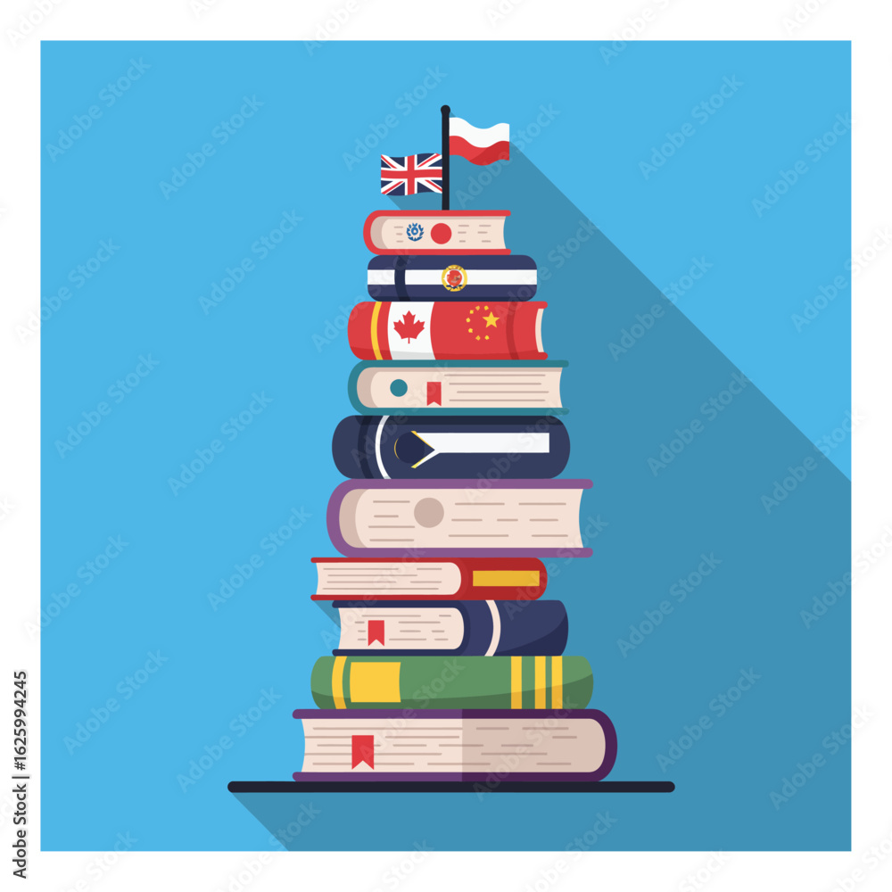 Poster stack of books with flags representing various countries and a blue background in a flat vector styl
