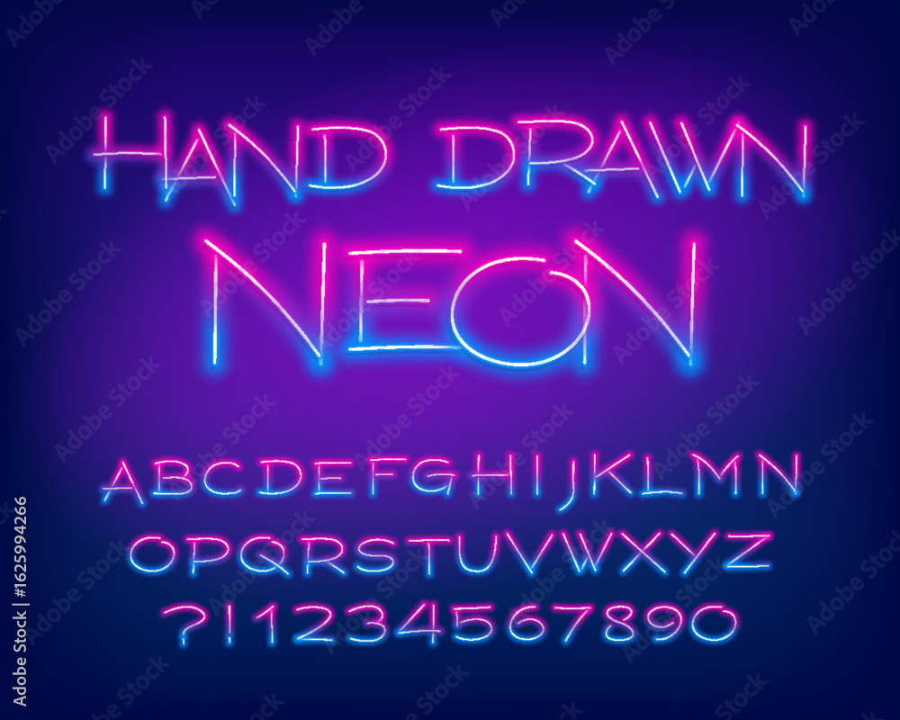 Poster hand drawn neon alphabet font. glowing neon letters, numbers and symbols. stock vector typescript fo