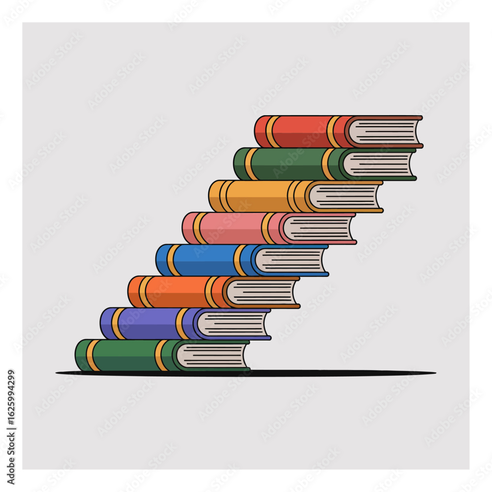 Poster stack of colorful books arranged as stairs symbolizing knowledge and learning in a flat vector desig