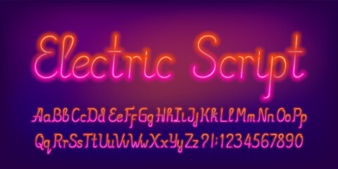 Electric Script alphabet font. Bright neon script letters, numbers and symbols. Stock vector typescript for your design.