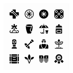 Sixteen Varied Black Silhouette Icons on White Background Depicting Diverse Objects and Concepts, Including Medical, Food, Music, and Nature