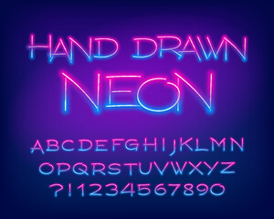 Hand drawn Neon alphabet font. Glowing neon letters, numbers and symbols. Stock vector typescript for your design.