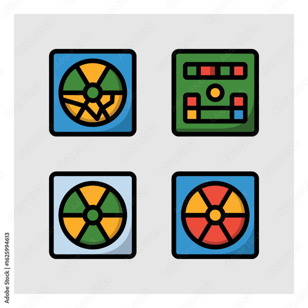 Aufkleber vector icons representing hazard symbols in square frames with bold outlines and vibrant colors incl