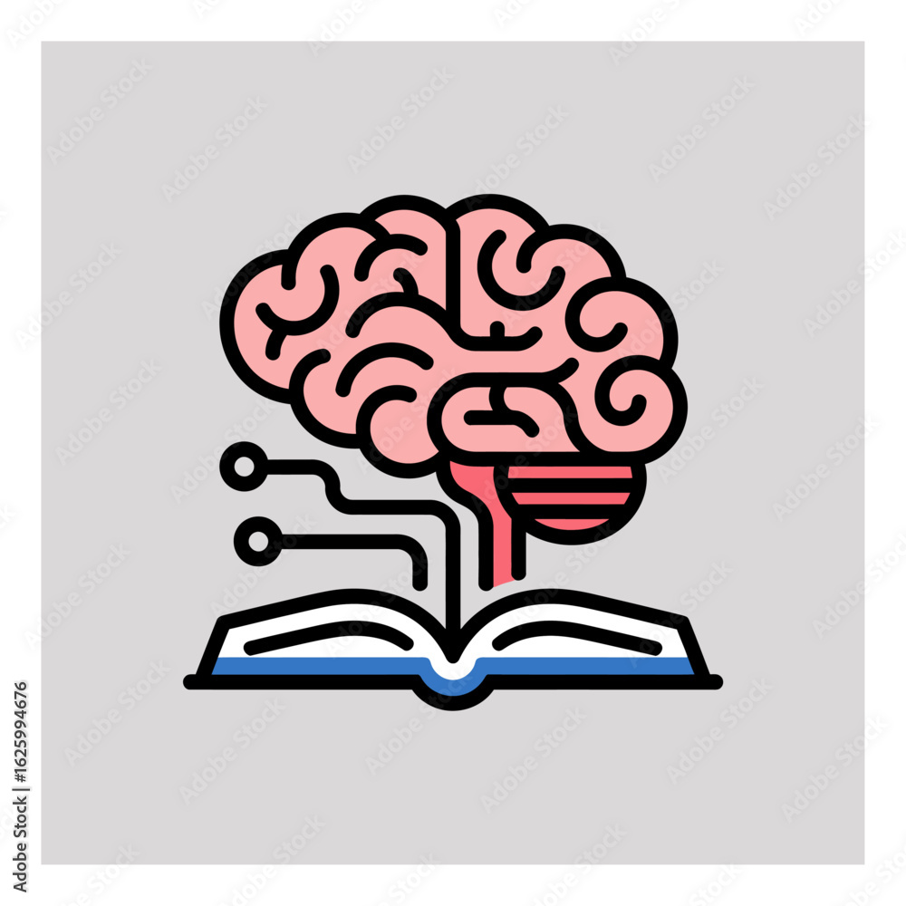 Poster vector illustration of a brain connected to a book symbolizing knowledge and learning in artificial 
