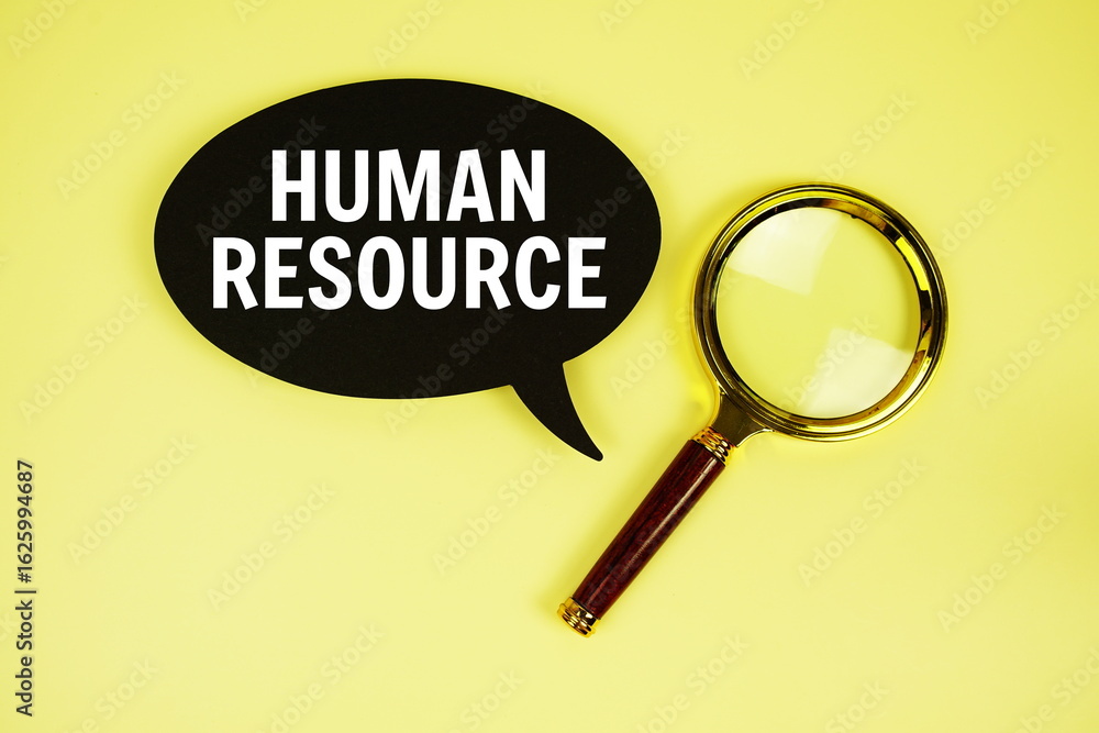 Poster human resource text with speech bubble and magnifying glass on yellow background