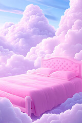 Dreamy pink bed floating among fluffy clouds under a serene sky, evoking a peaceful atmosphere