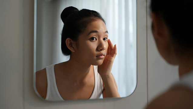 Young woman examining skin in mirror reflection