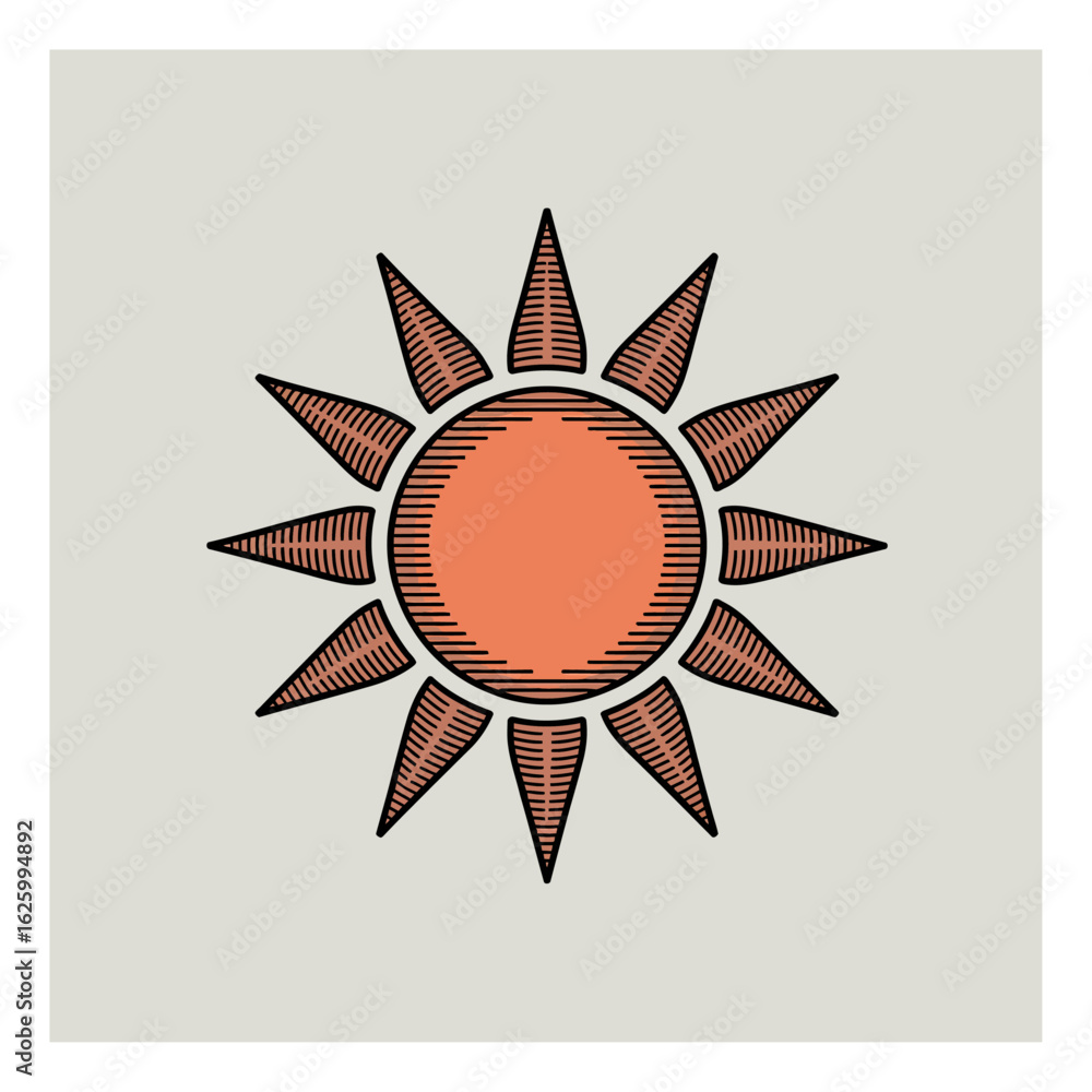 Poster warm orange sunburst with engraving style, radiating energy and summer vibes, perfect for adding a t
