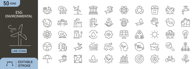 ESG Environmental icons set. Includes icons for sustainability, pollution, carbon footprint, recycling, renewable energy, climate action, and conservation. Editable stroke. Line icons.