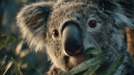 Fototapeta premium Koala Bear Among Eucalyptus: A charming koala bear enjoys a meal of eucalyptus leaves, its expressive eyes capturing the serene essence of the Australian outback.