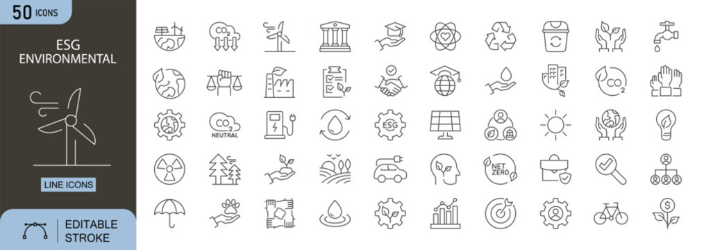 ESG Environmental icons set. Includes icons for sustainability, pollution, carbon footprint, recycling, renewable energy, climate action, and conservation. Editable stroke. Line icons.  - Powered by Adobe