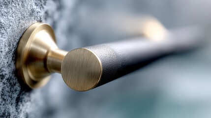 Modern door handle with a textured bar and brass accents