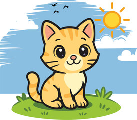 Cartoon orange tabby cat sitting on grass with sun clouds and birds in a blue sky background