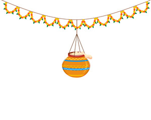 hanging decorative with flowers dahi handi for Janmashtami festival vector illustration design