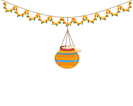 hanging decorative with flowers dahi handi for Janmashtami festival vector illustration design
