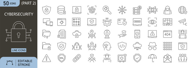 Cybersecurity icons set. Includes icons for data protection, firewall, password, encryption, shield hacker, antivirus, malware, and secure login. Editable stroke. Line icons. Perfect for infographics.