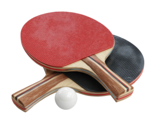 Two ping-pong paddles and a ball, side view.  Red and black rubber table tennis paddles with wooden handles, resting together with a white ball