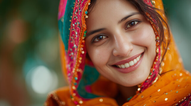 Close-up of smiling Punjabi woman in vibrant dupatta, bokeh background