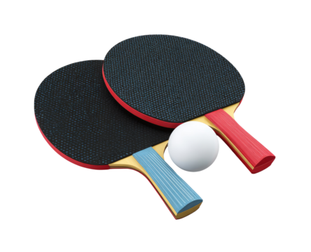 Two ping pong paddles and a ball, angled, in 3D
