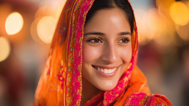 Close-up of smiling Punjabi woman in vibrant dupatta, bokeh background