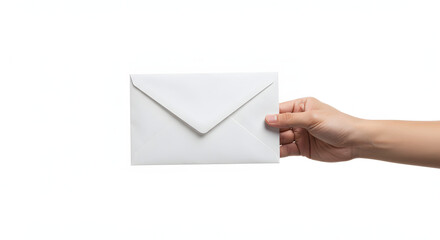 Hand delivering crisp white envelope conveys message of importance and anticipation with white background