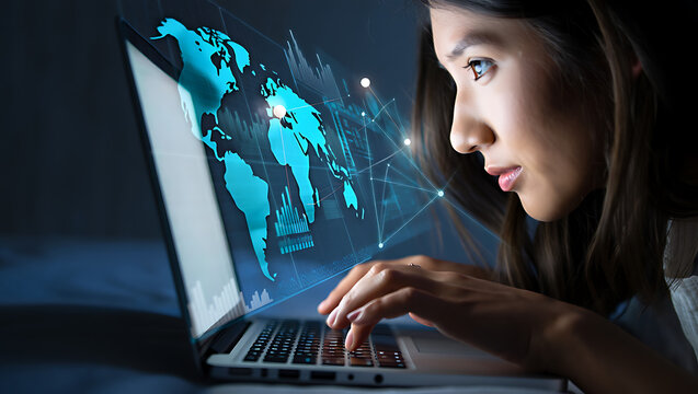 Young woman using laptop with global data visualization world map technology