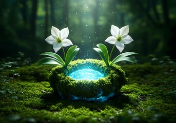 mystical white lilies and glowing spring in a fantasy forest scene