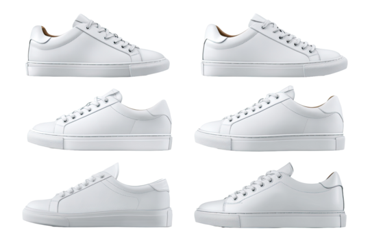 Six identical white sneakers, various angled views