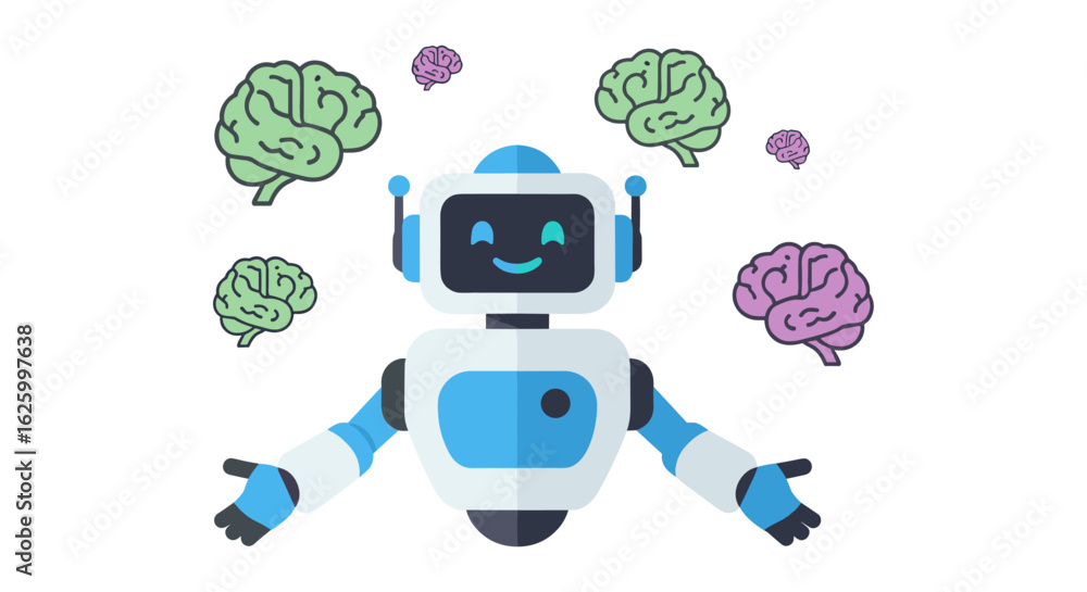 Poster a cheerful cartoon robot stands with open arms, surrounded by floating brain icons, representing art