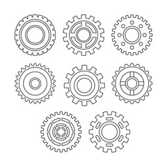 Gear wheel icon outline doodle Set Collection, cogwheel engine, Progress or construction concept, mechanism or industry mechanical icon, isolated black background, Vector illustration sign gearshift.