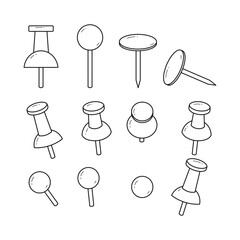 Set of Red Push Pin outline line art shadow Collection, Thumbtacks with various view, Isolated on white background, needles stationery items or metal plastic sewing accessories. vector illustration