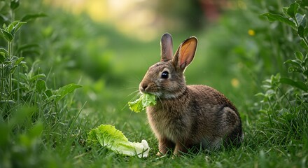 Fototapeta premium A brown rabbit sitting in the grass eating a piece of lettuce in a field with green foliage around it