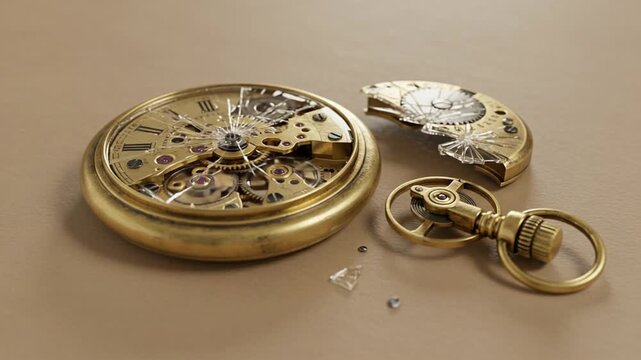Broken Time: Shattered Antique Pocket Watch with Intricate Gears and Glass Fragments.