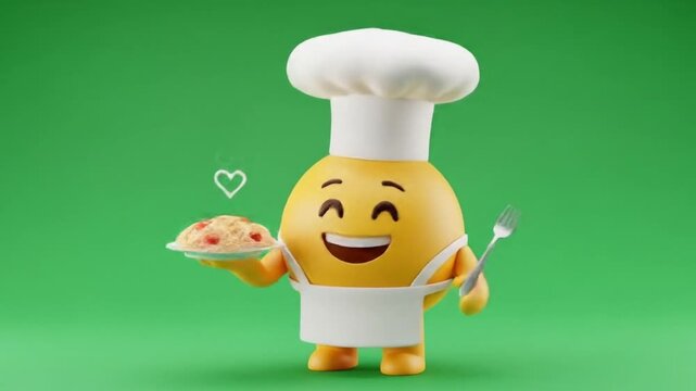 A happy chef emoji wearing a tall white hat and apron, proudly presenting a delicious plate of spaghetti with steam rising, symbolizing culinary joy