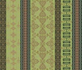 Abstract Damask fabric art, ethnic style, native style, full pattern, light green, dark green, beige tone, suitable for textiles, clothes pattern, pillows, curtains, carpets, vector and illust