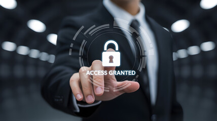 Professional clicks secure access padlock icon for cybersecurity authentication