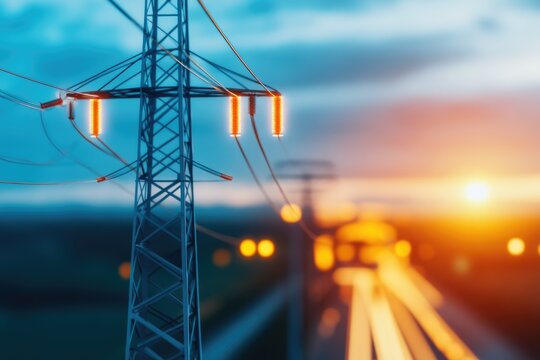 Innovative Green Technology Power Lines at Sunset Urban Landscape Electric Infrastructure Modern Environment Aesthetic Viewpoint Concept of Sustainable Energy Solutions